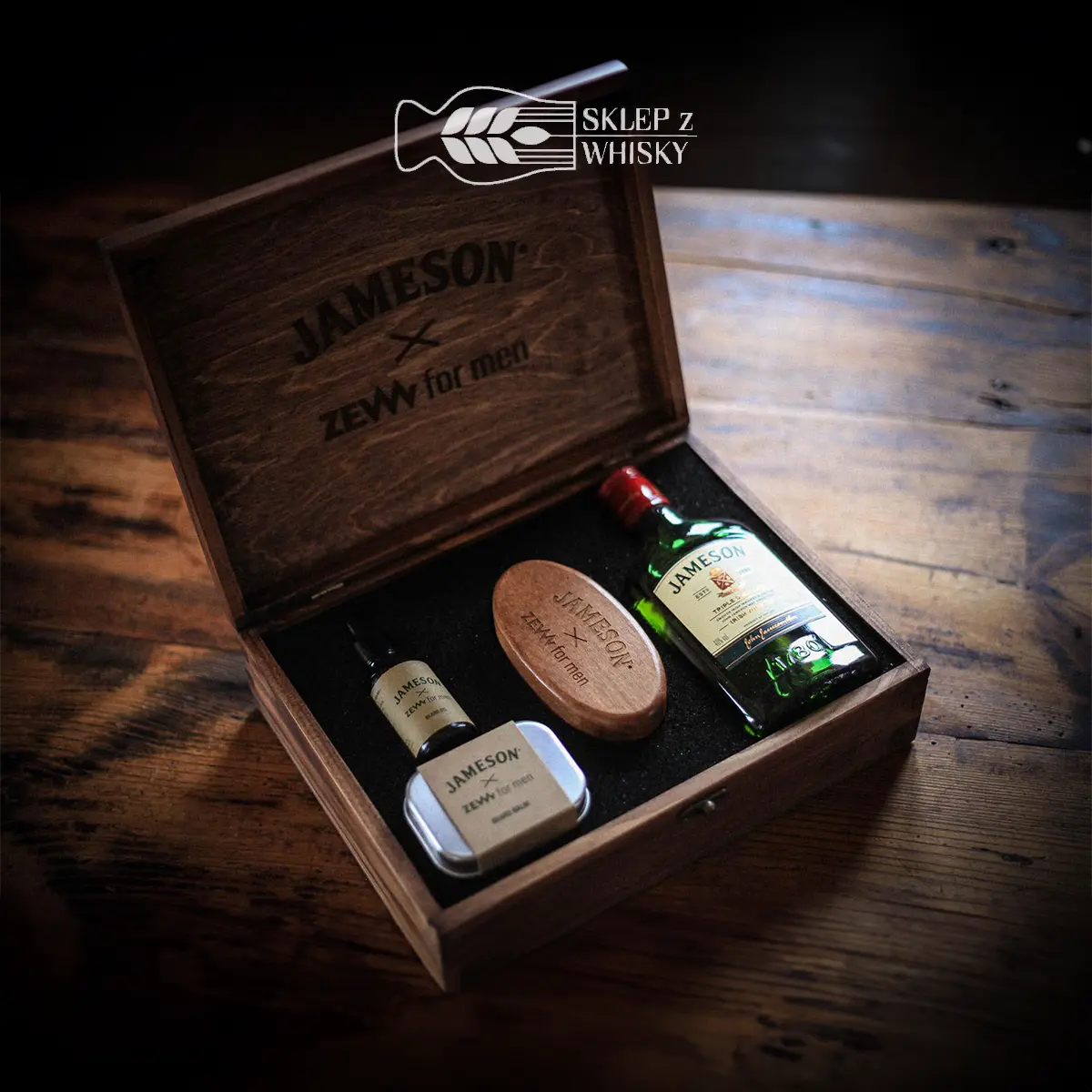 Jameson x Zew for Men - zestaw do brody olejek, szczotka, balsam, whisky, w skrzynce drewnianej