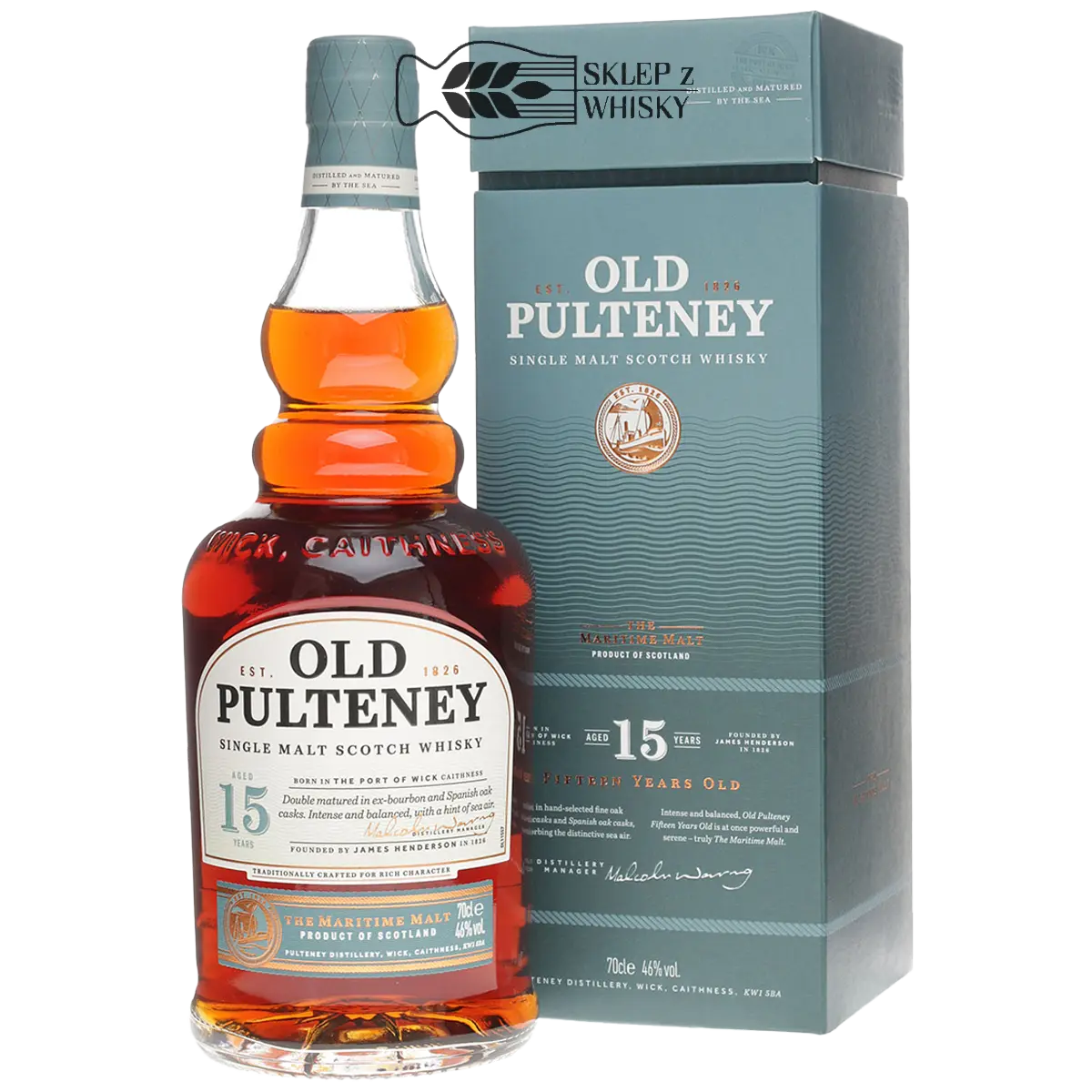 Old Pulteney 15-letnia szkocka whisky single malt z regionu Highland, 700 ml, w pudełku