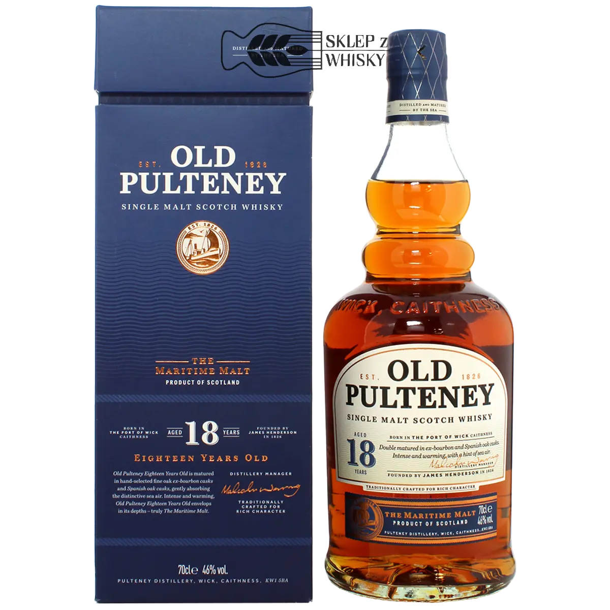 Old Pulteney 18-letnia szkocka whisky single malt z regionu Highland, 700 ml, w pudełku