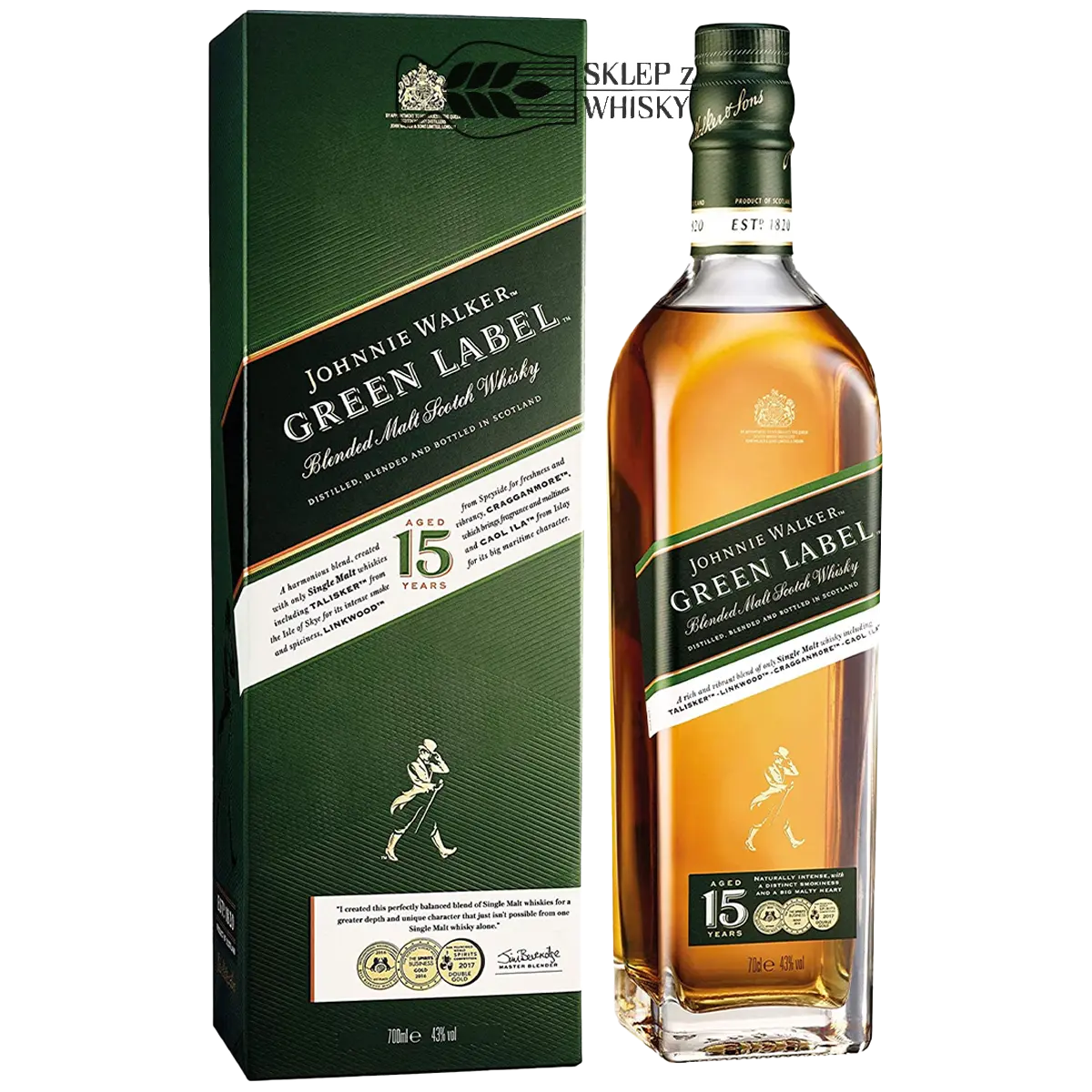 Johnnie Walker Green Label 15-letnia szkocka whisky blended malt, 700 ml, w pudełku